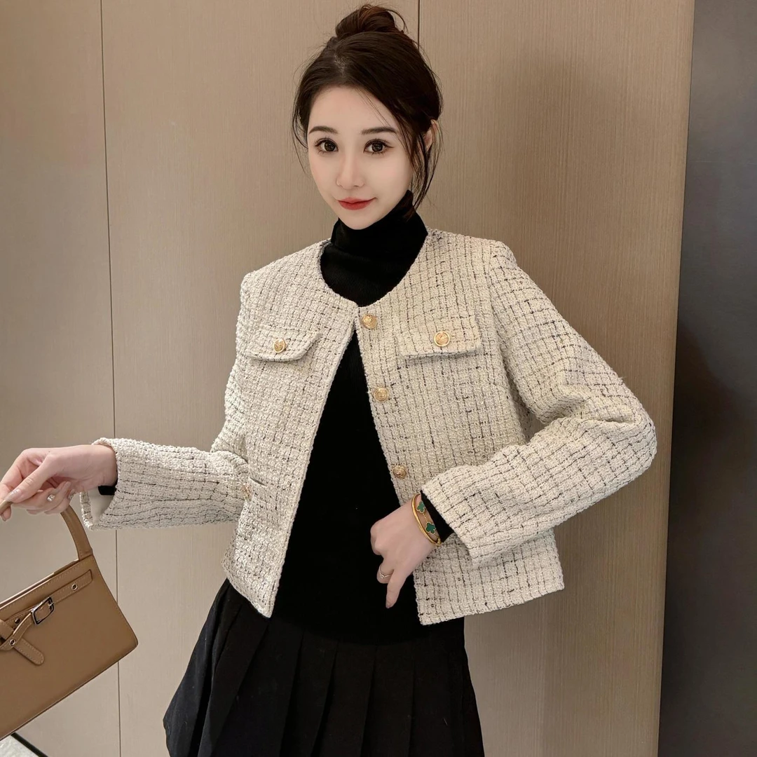白色格子金扣外套 L117