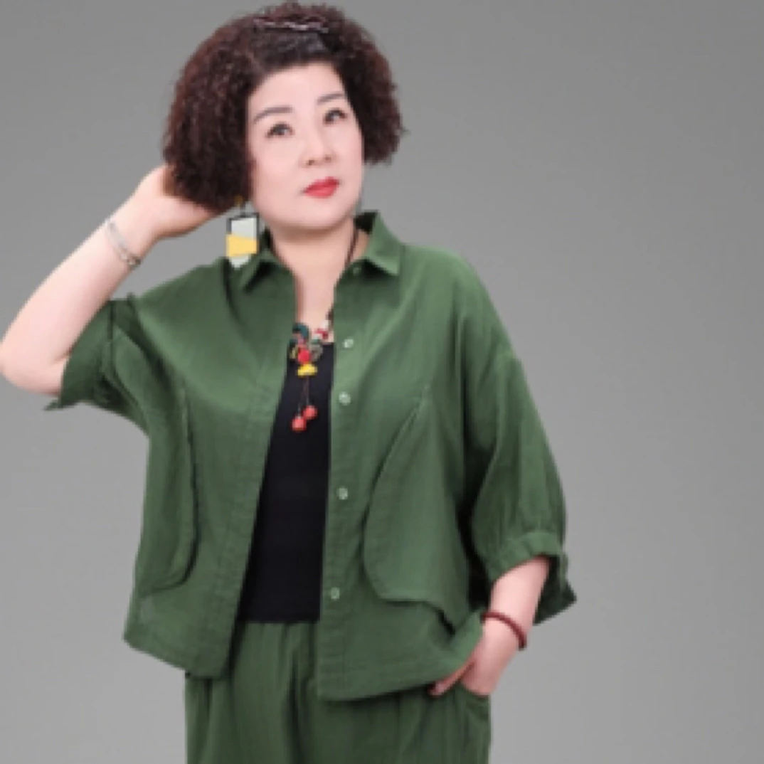 纯色砂洗方领大口袋宽松遮肉短袖衬衣休闲时尚显瘦上衣