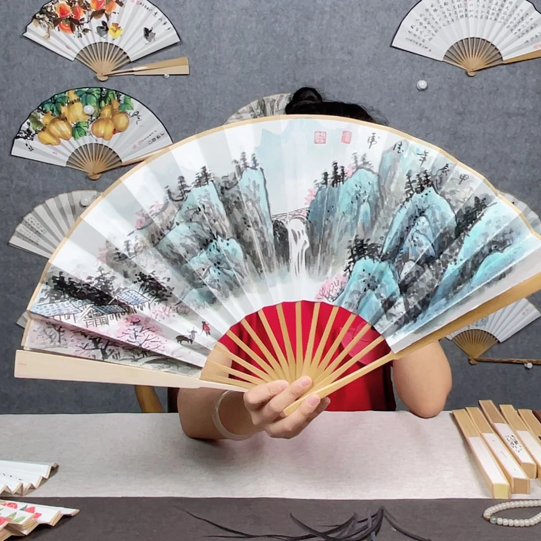 国画10寸玉竹-纯手绘-文玩扇骨（默认粘好）