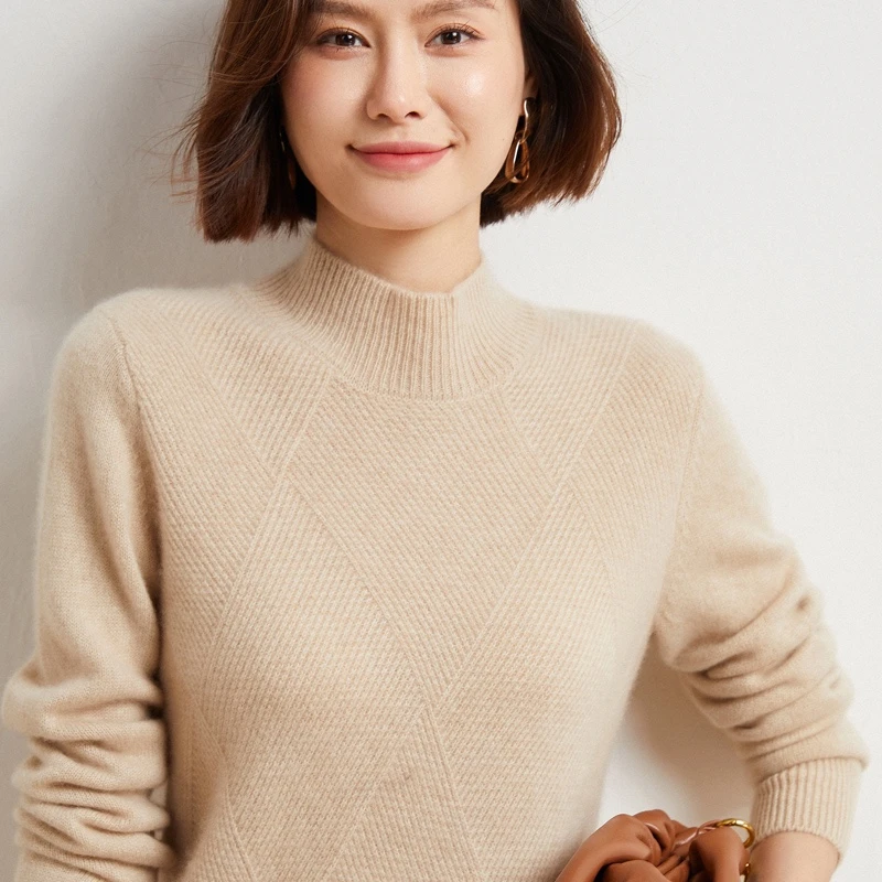 秋冬新款100纯羊毛加厚席编半高领套头女士经典针织衫ZM-883