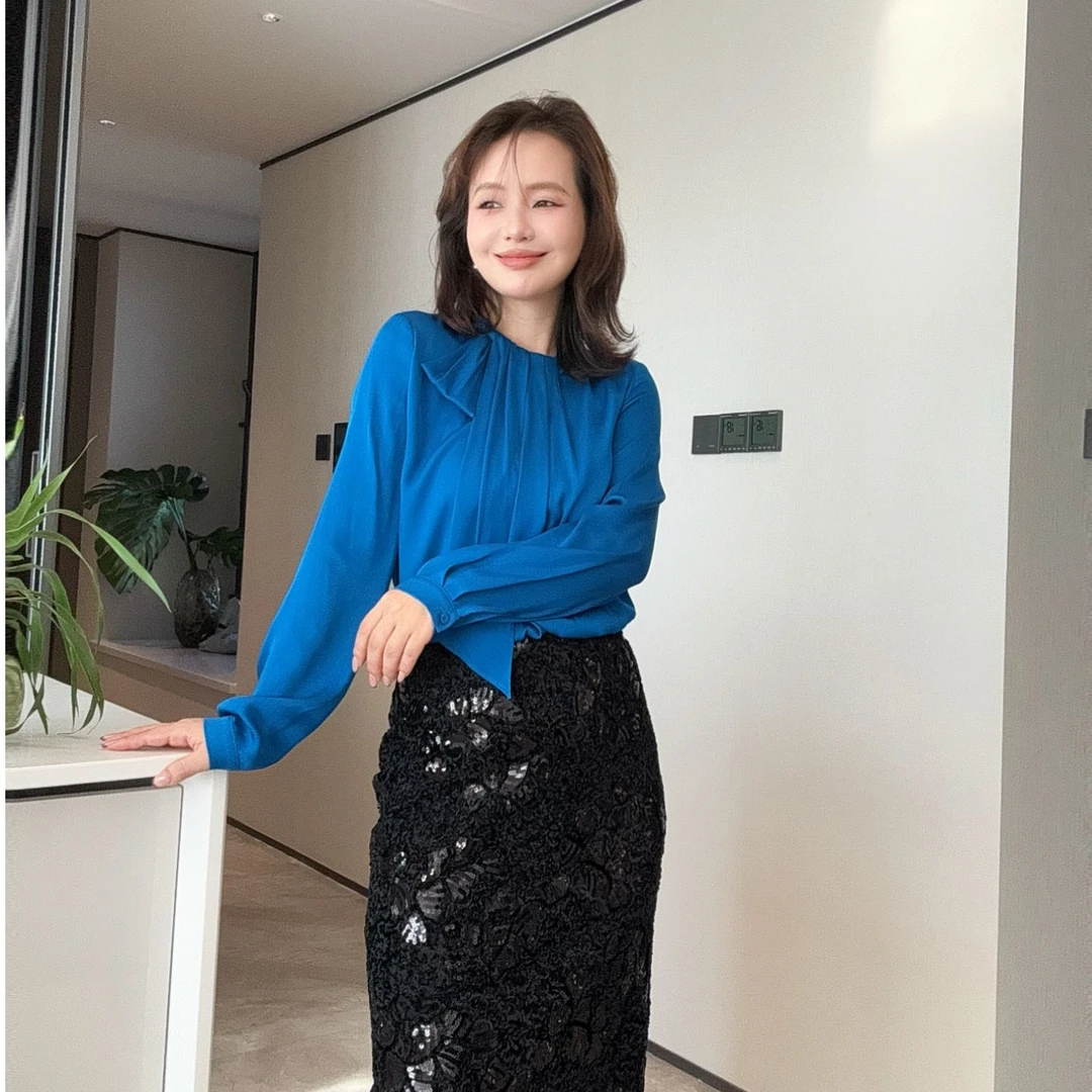 《叶子妃》22姆米重磅桑蚕丝衬衫刺绣对丝女人味真丝上衣 YY2001