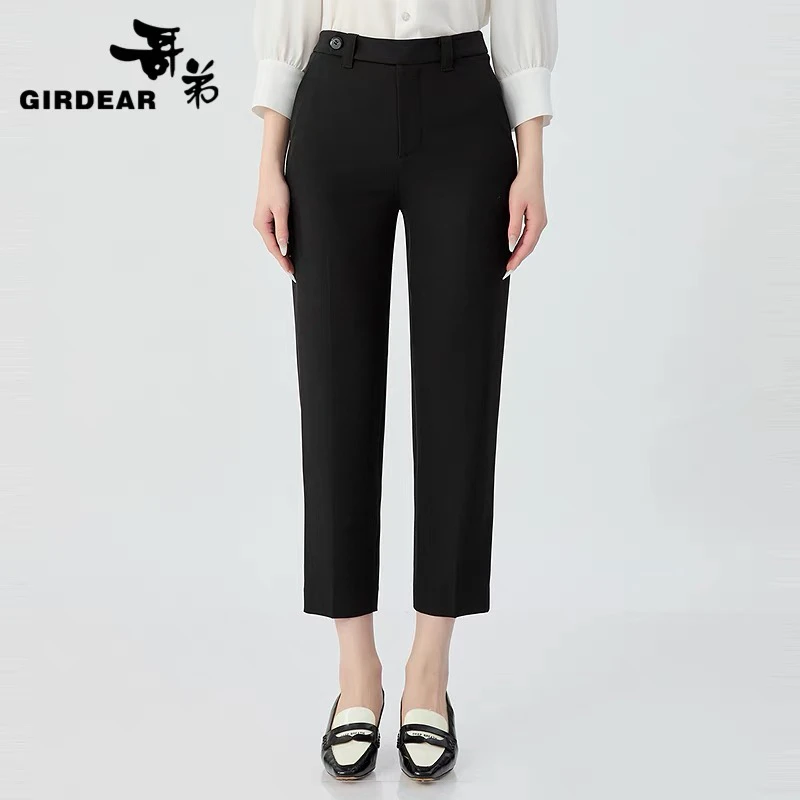 GIRDEAR/哥弟哥弟  经典百搭时尚中高腰百搭侧扣直腿烟管裤110013