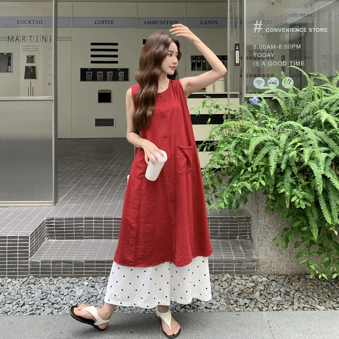 红色无袖衬衫叠穿连衣裙女夏波点阔腿裤两件套装裙巨好看超火爆款