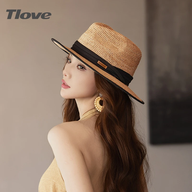 6800夏季女士编织平顶草帽防晒遮阳沙滩帽百搭休闲帽子