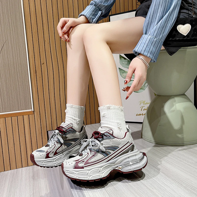 欧洲站真皮老爹鞋女2025新款厚底透气休闲鞋百搭双鞋带运动鞋