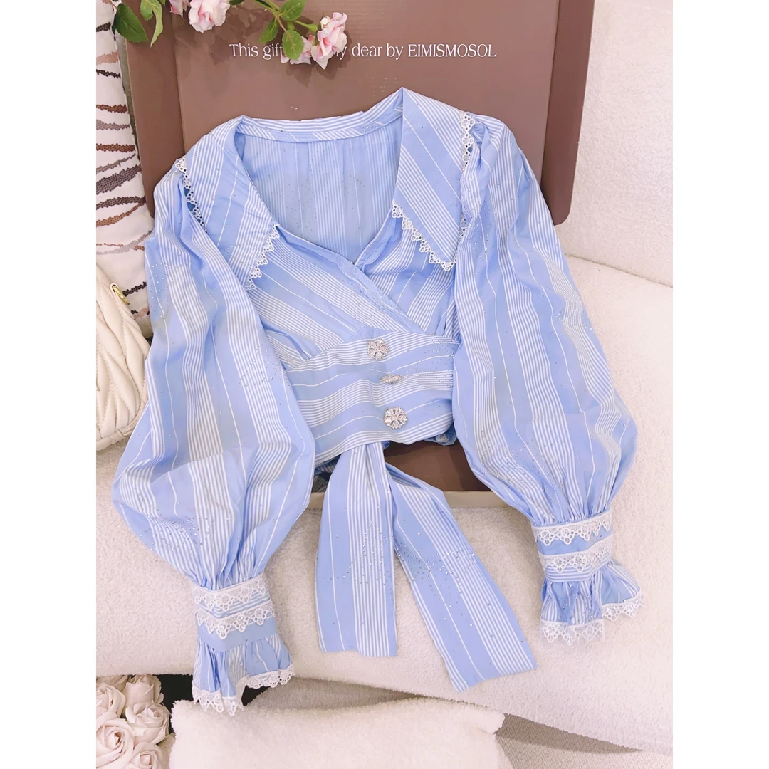 丨夏季新款蓝色条纹长袖钉钻v领衬衫 0385