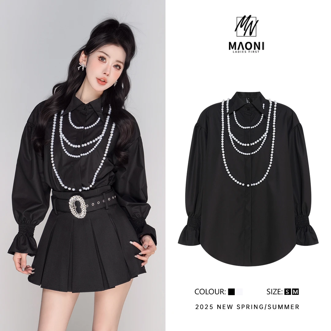 毛妮Peshe【喇叭袖衬衫】长袖撞色泡泡袖宽松气质衬衣配项链春L1329