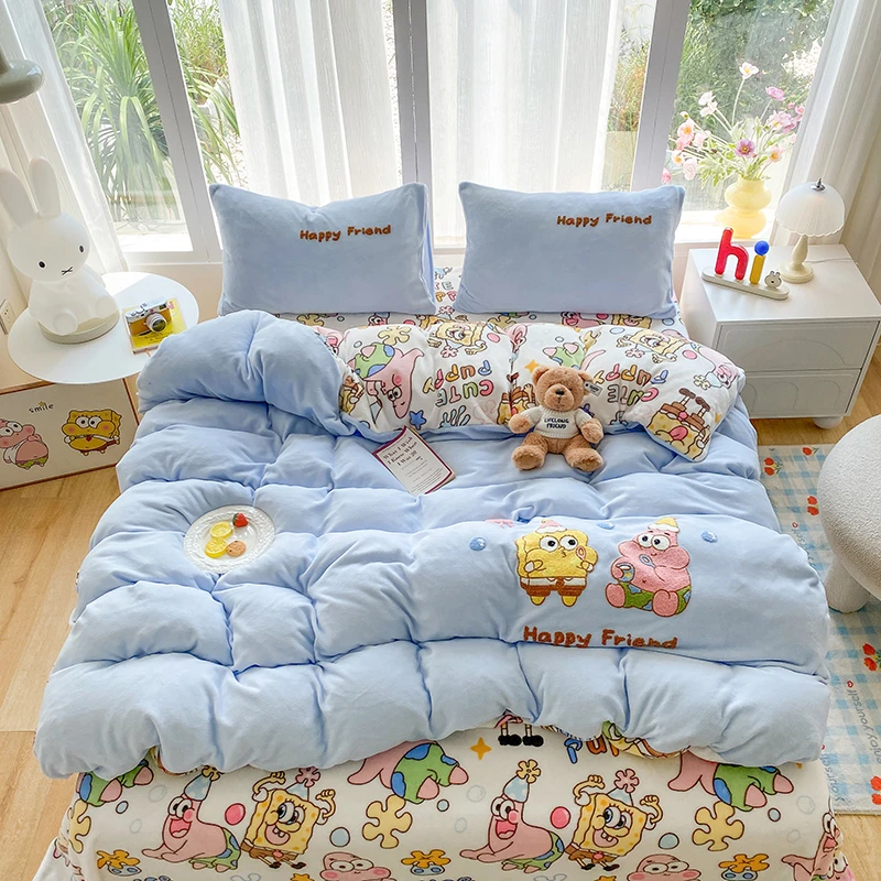 爆款卡通毛巾绣牛奶绒四件套柔软保暖不掉毛防静电学生宿舍