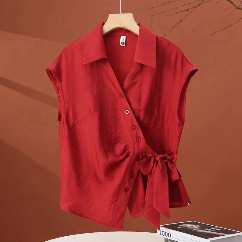 不规则短袖衬衫女夏季新款无袖翻领衬衣时尚洋气收腰女士短款上衣