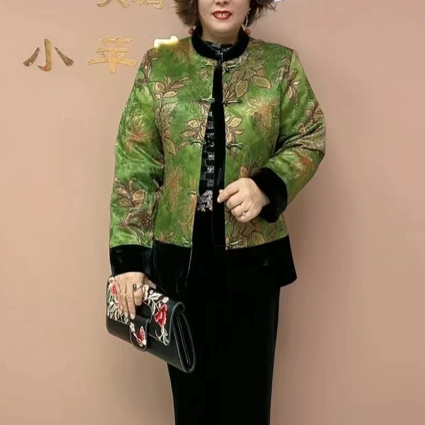 新时尚盘扣撞色显瘦中老年妈妈冬季加厚保暖国风加棉外套