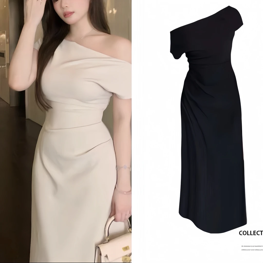 【优雅月光）短袖连衣裙女夏显瘦大码斜肩包臀裙大码10442