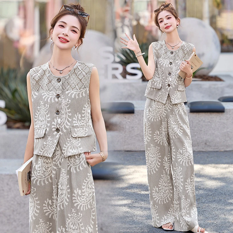 2025夏新款时尚镂空拼接马甲设计感气质显瘦阔腿裤两件套套装女