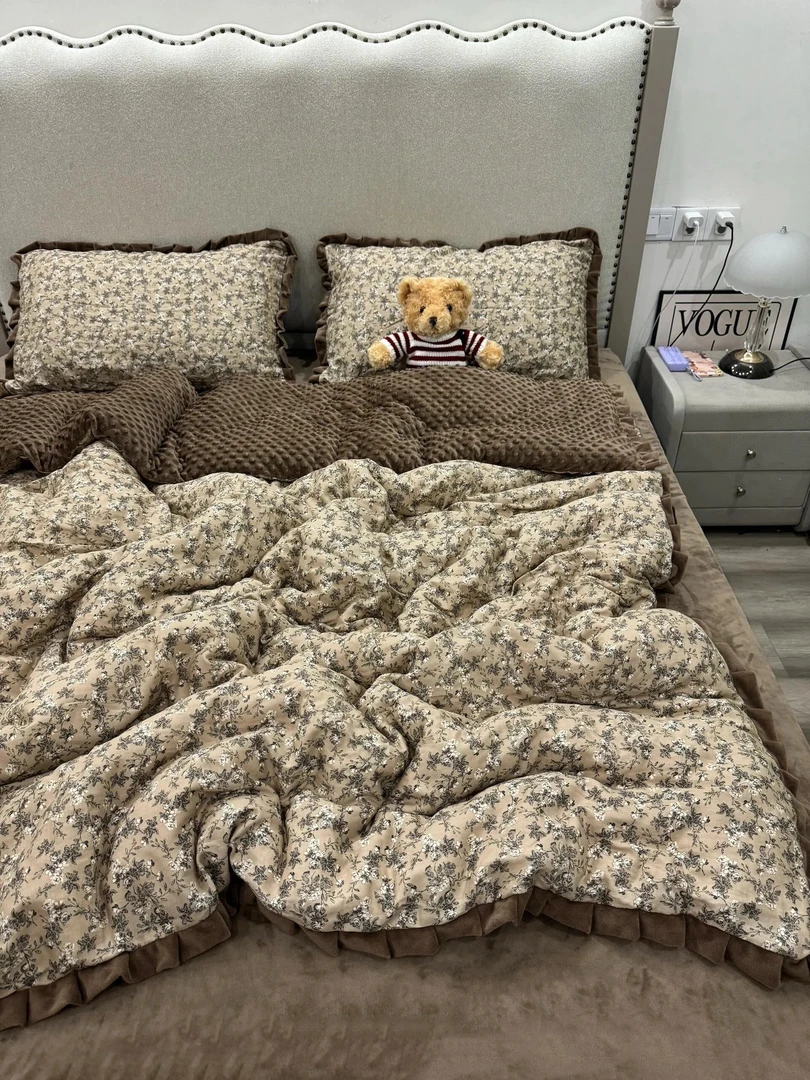 【仲夏夜】复古高级全棉双层纱豆豆绒花边四件套秋冬棉款加绒宝宝绒