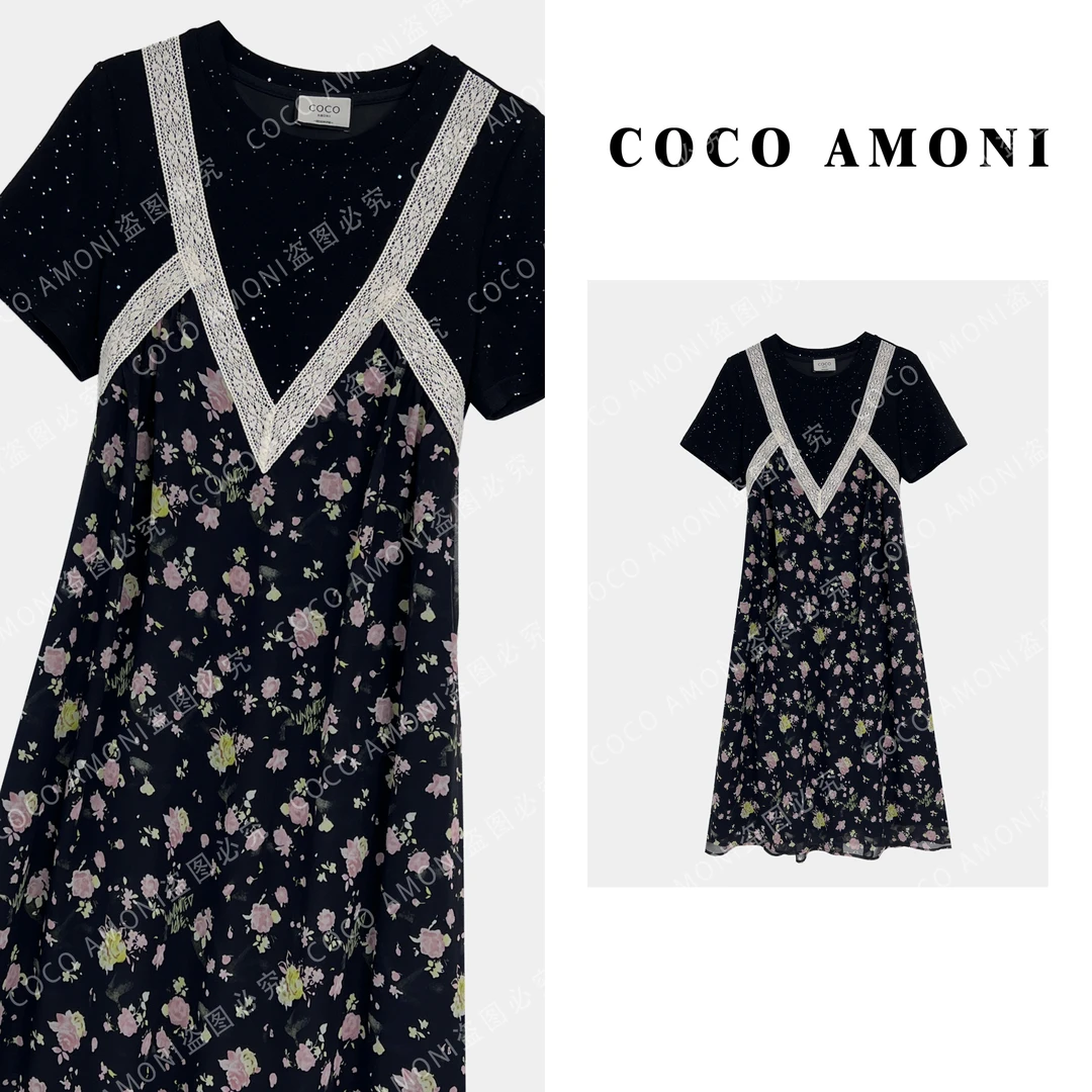 {LL}设计带钻爱心夏日女装拼接褶皱收腰显瘦气质连衣裙ZC280