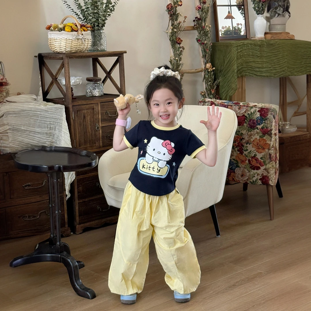 女童夏季韩版卡通猫咪短袖套装潮流款女孩款式阔腿裤长款儿童休闲