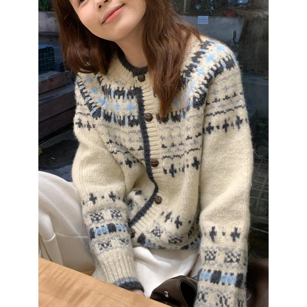 法式复古费尔岛提花圆领毛衣外套春秋高级感撞色条纹宽松针织开衫