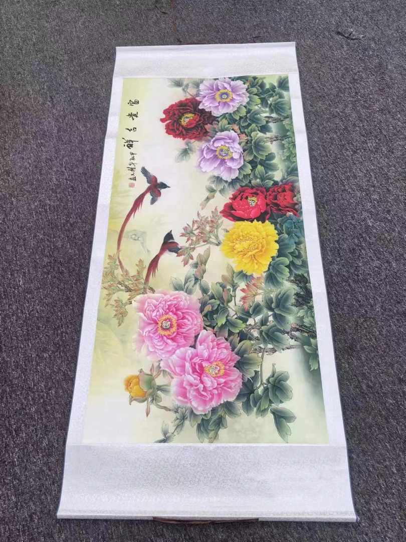 四尺横幅《富贵吉祥》尺寸1.75米X0.75米国风花鸟装饰画