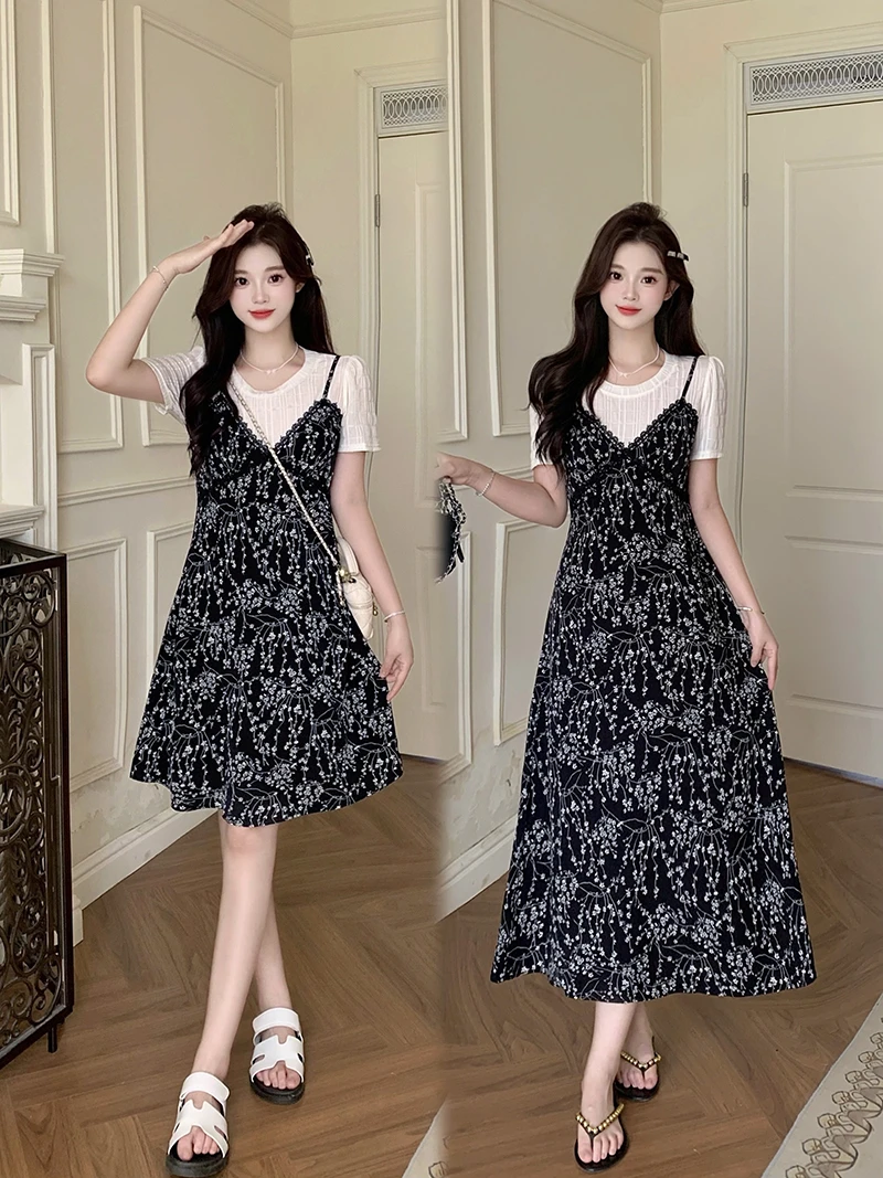 2025夏装新款蕾丝拼接碎花显瘦遮肉长短款大码连衣裙22215+22522