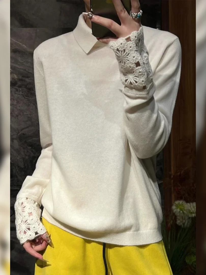 米白色Polo领蕾丝拼接袖口设计打底衫2025冬季新款小众洋气上衣女