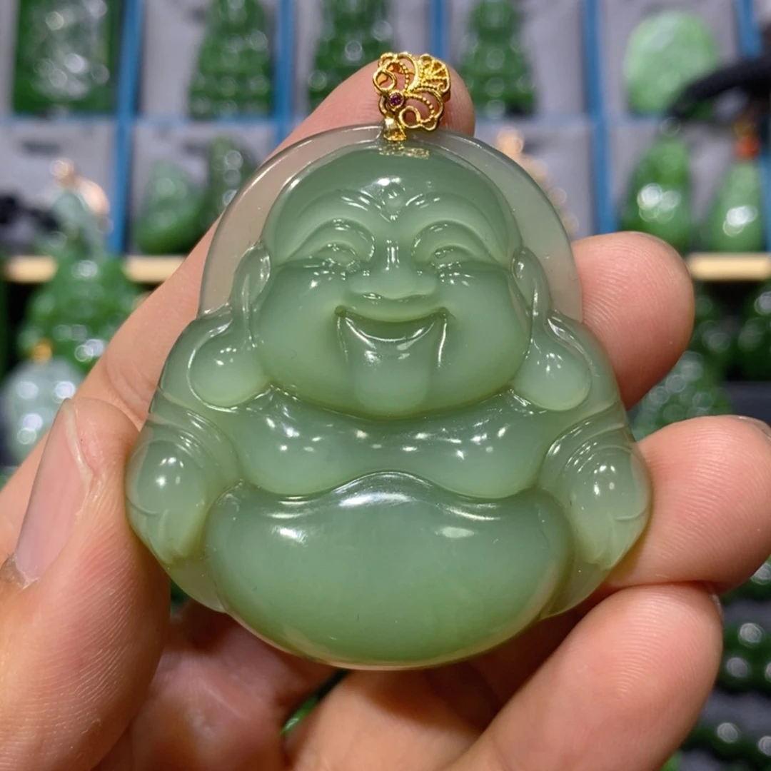 【闪购商品】和田玉吊坠(不含链)18K金镶嵌粉青猫眼佛公46/48/11