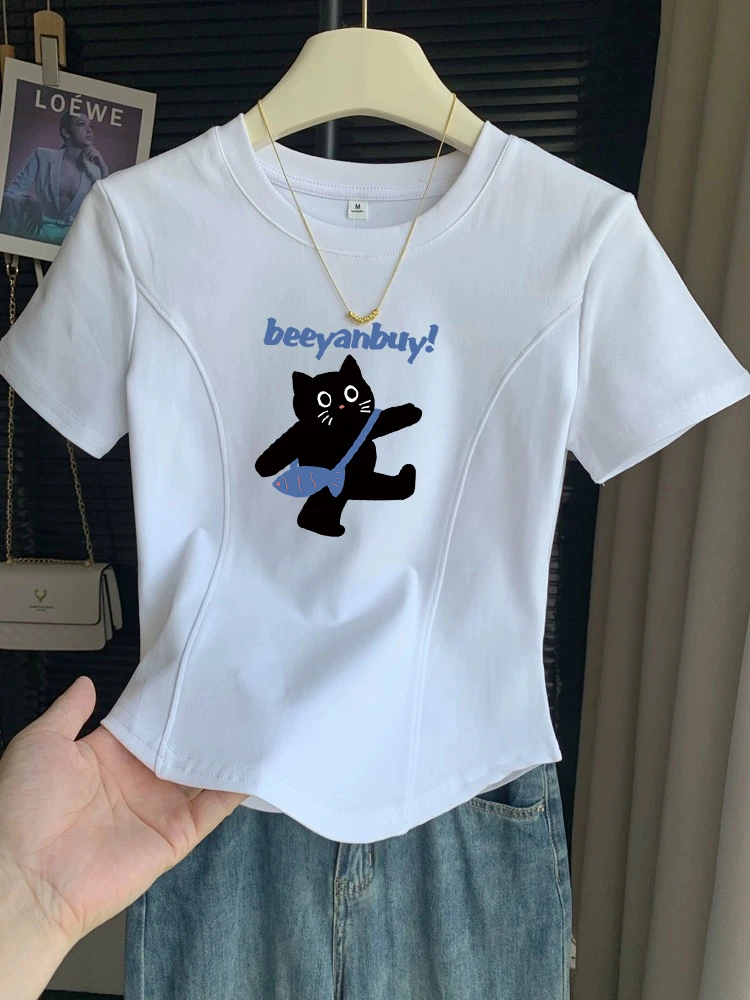 新款夏季不规则洋气时尚欧洲站白色短袖T恤女鱼骨设计感小众上衣