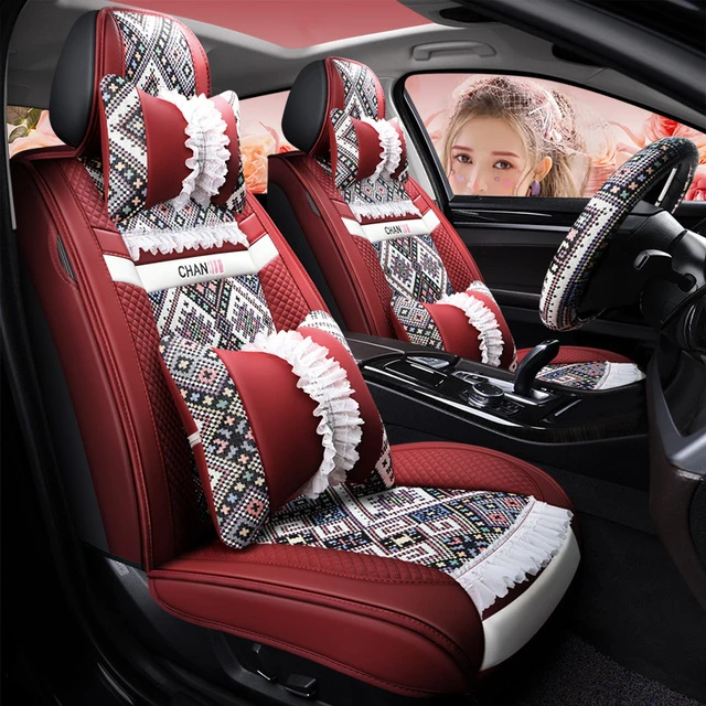 新款女士汽车坐垫四季通用坐套皮亚麻布艺夏季包女神款蕾丝座垫