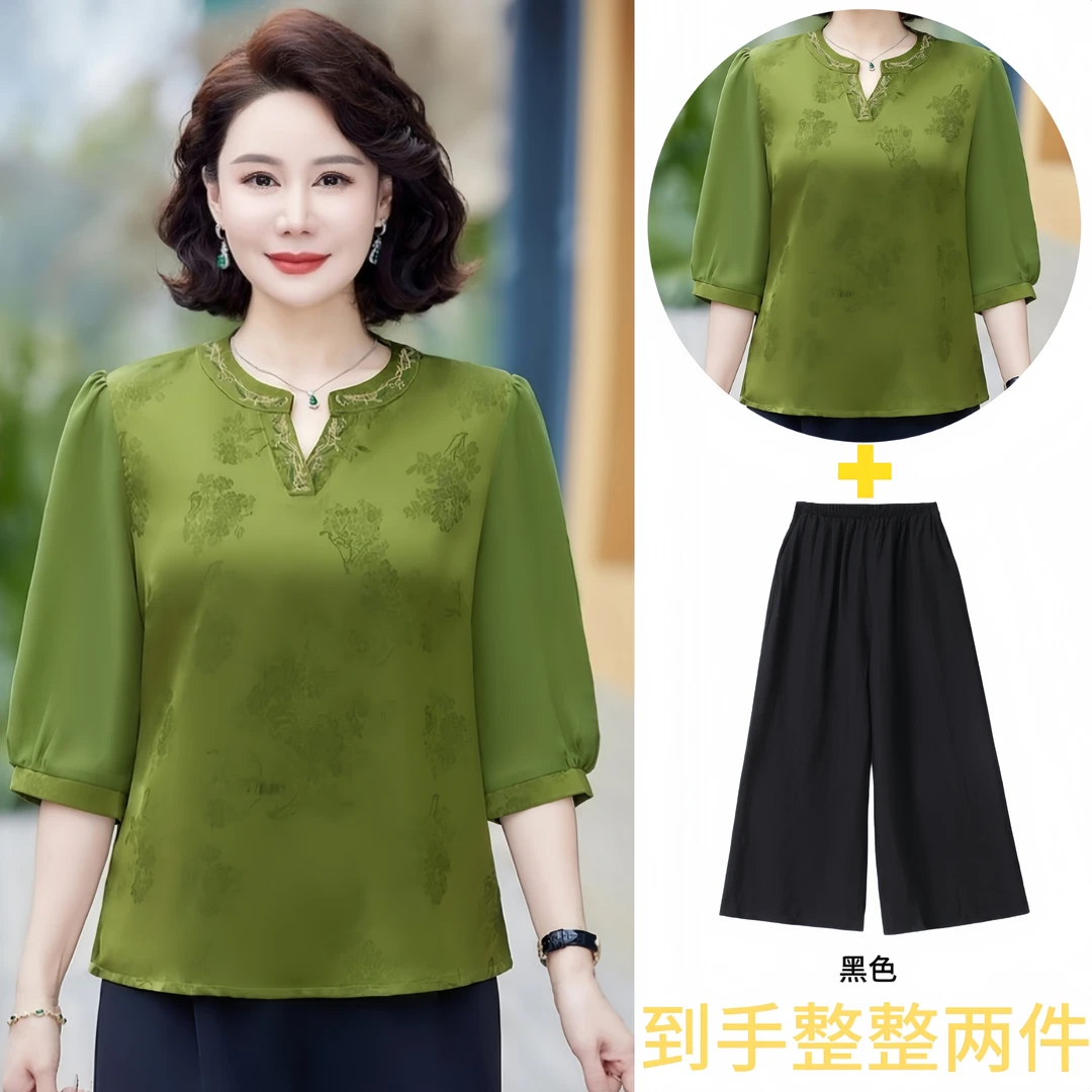 8898-短袖上衣女夏新款设计感妈妈洋气遮肉遮肚子高级套装【慕雨】