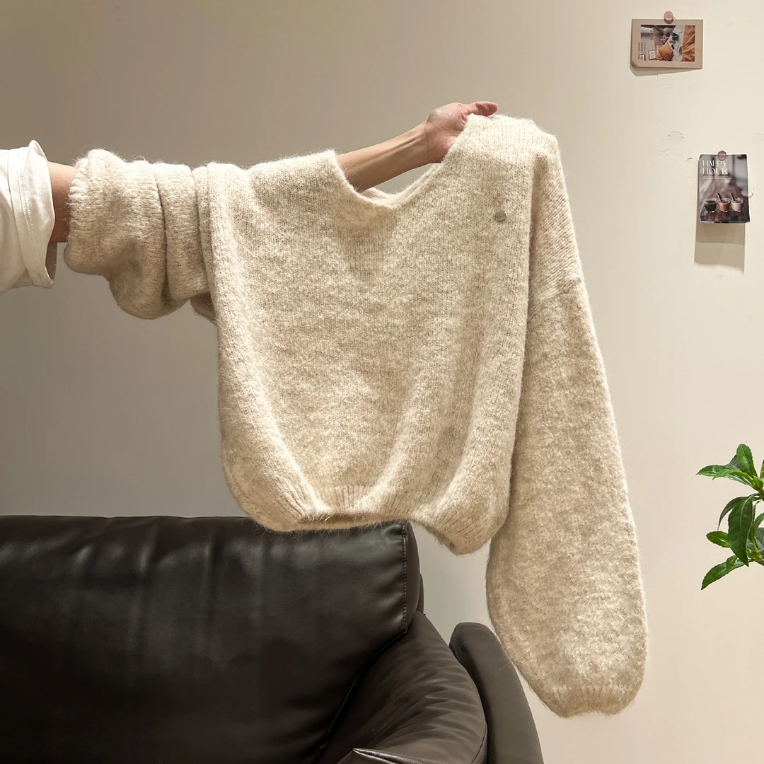 韩系慵懒风纯色V领毛衣女2025秋冬季新款宽松长袖针织衫百搭上衣