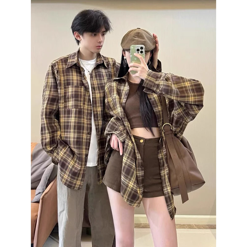 美拉德咖啡色格子长袖衬衫男春秋新款高级感宽松休闲情侣衬衣外套