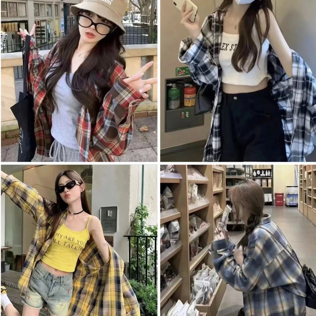 【爆款现货】春夏新款格子衬衫休闲慵懒大码外套2025