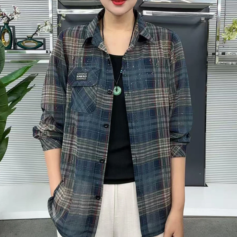 珠光款夏季新款格子衬衫防晒衣时尚女薄款百搭休闲长袖上衣
