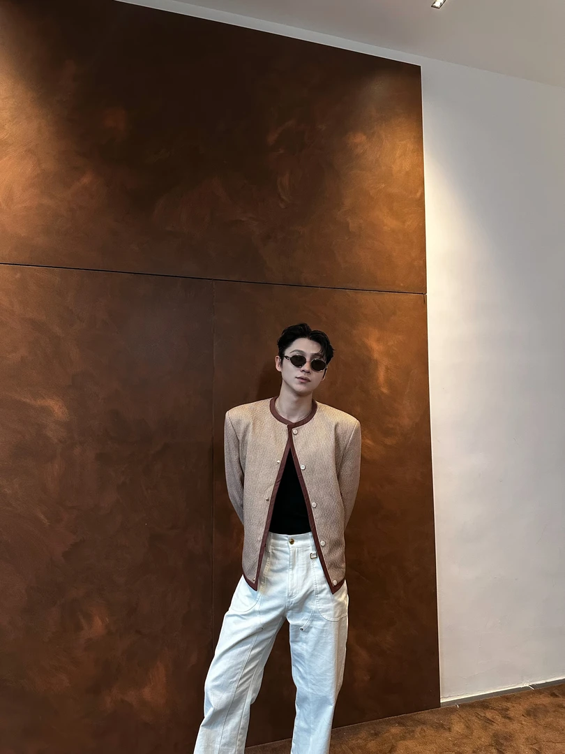 【FANG BH】男士时尚调性莫兰迪视觉粽皮包边小香风无领夹克外套