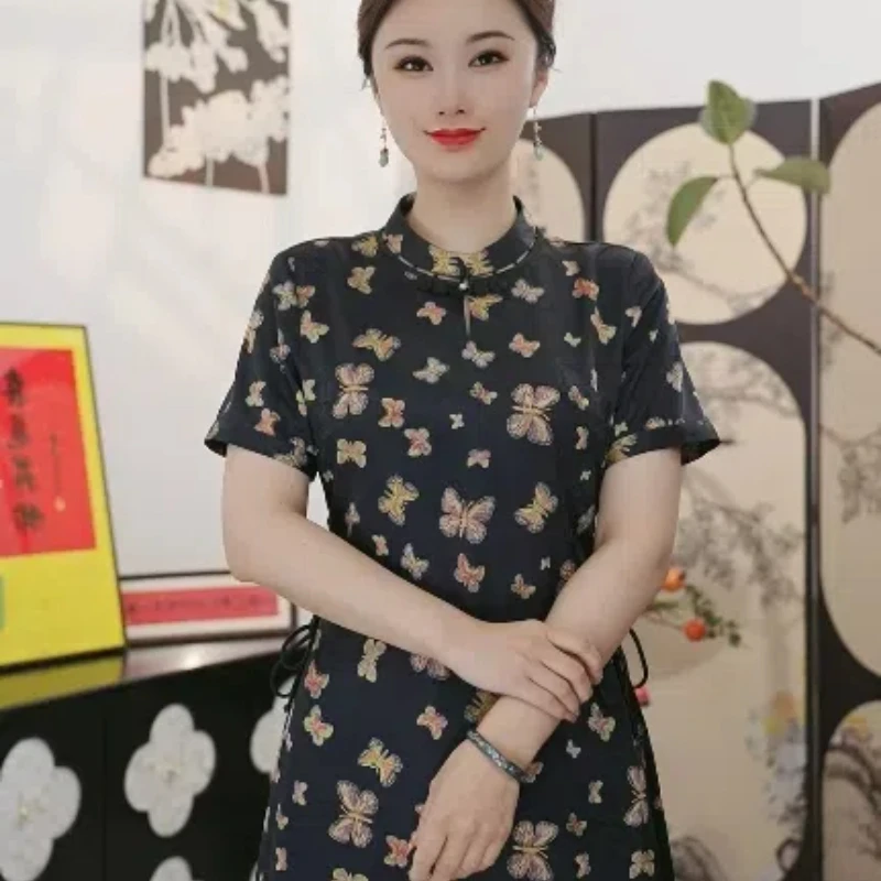 国风珍珠盘扣设计缎面蝴蝶改良旗袍连衣裙LYGLQ0123