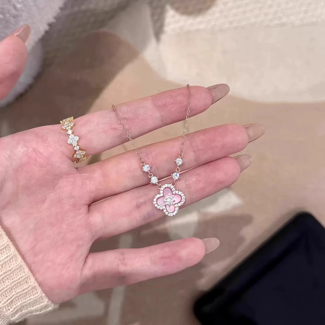 铜贝壳项链 真金电镀四叶草贝壳锆石花朵轻奢小众设计感项链