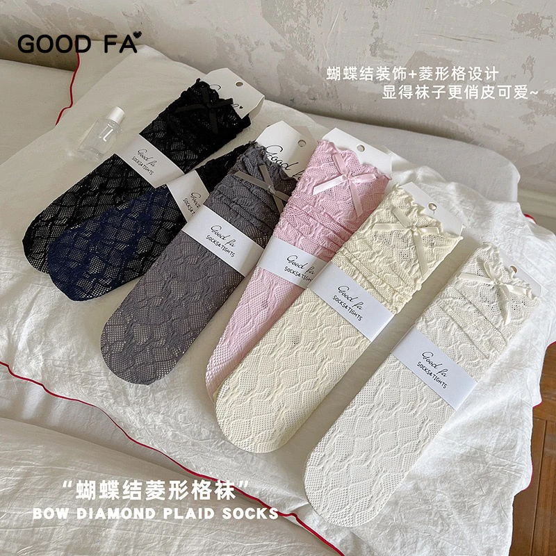 2025年春夏蝴蝶結菱形格镂空网眼中筒堆堆袜短袜