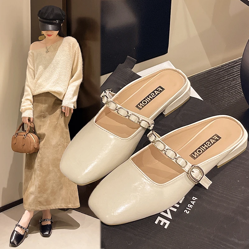 法式低跟包头半拖鞋女夏外穿2025新款小香风配裙子玛丽珍凉拖女鞋