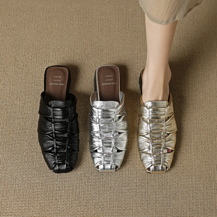 诗宝斐尔 粗跟3CM法式褶皱镂空包头半拖鞋女夏真皮时尚懒人穆勒鞋