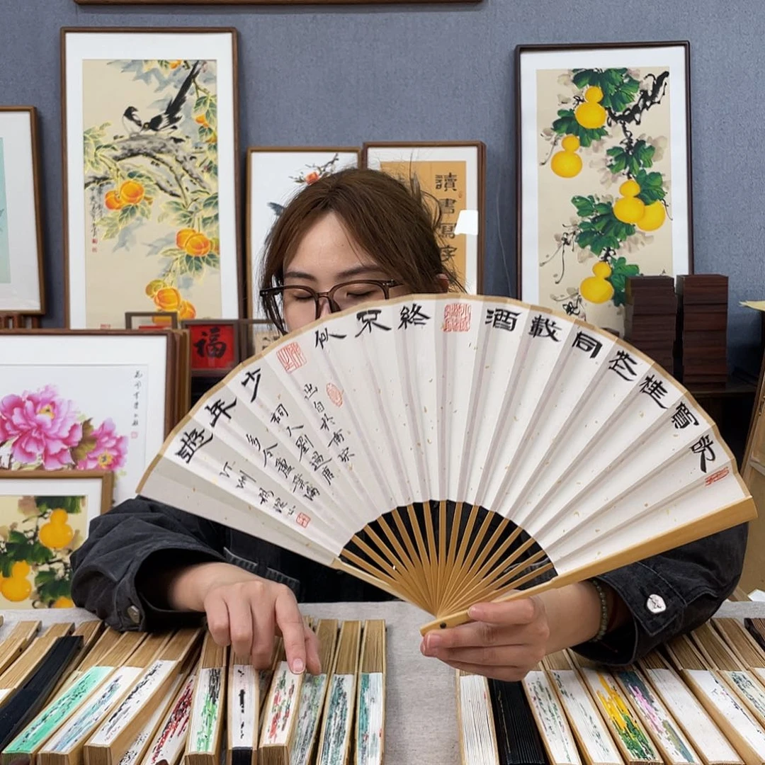 国画8寸玉竹-纯手绘-文玩扇骨（默认粘好）