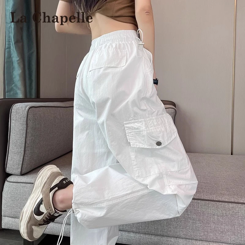拉夏贝尔白色速干工装裤女2025夏季薄款小个子束脚阔腿登山运动裤