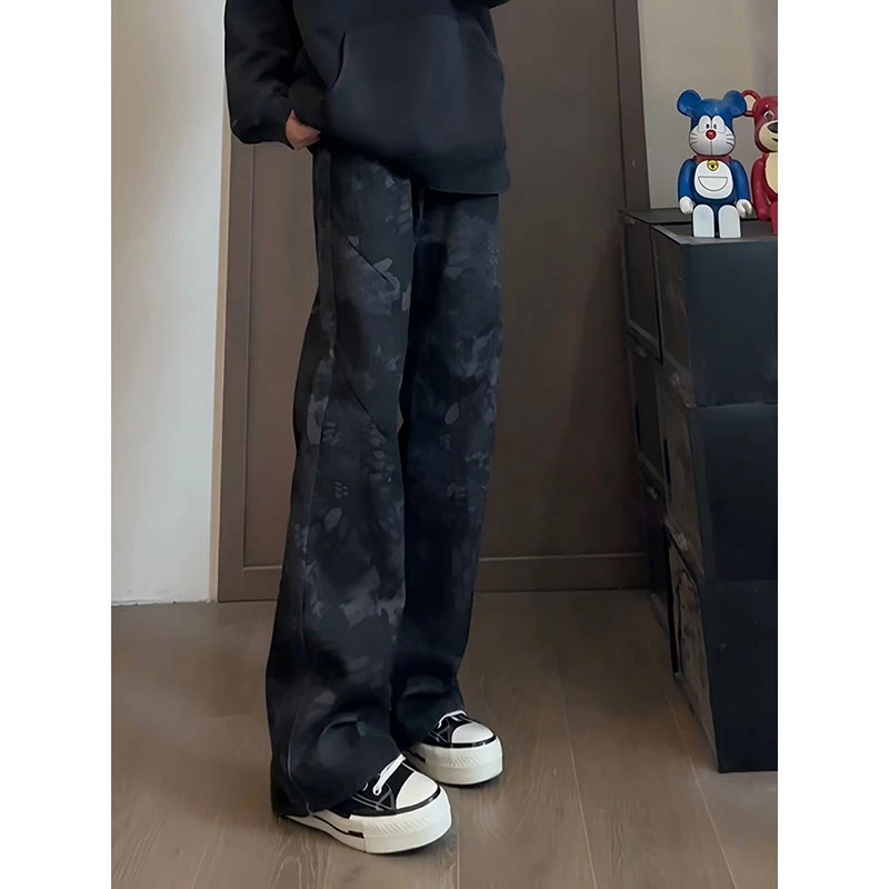 新款蛇纹美式微喇牛仔裤男款潮流工装裤子vibe高街复古牛仔裤迷彩