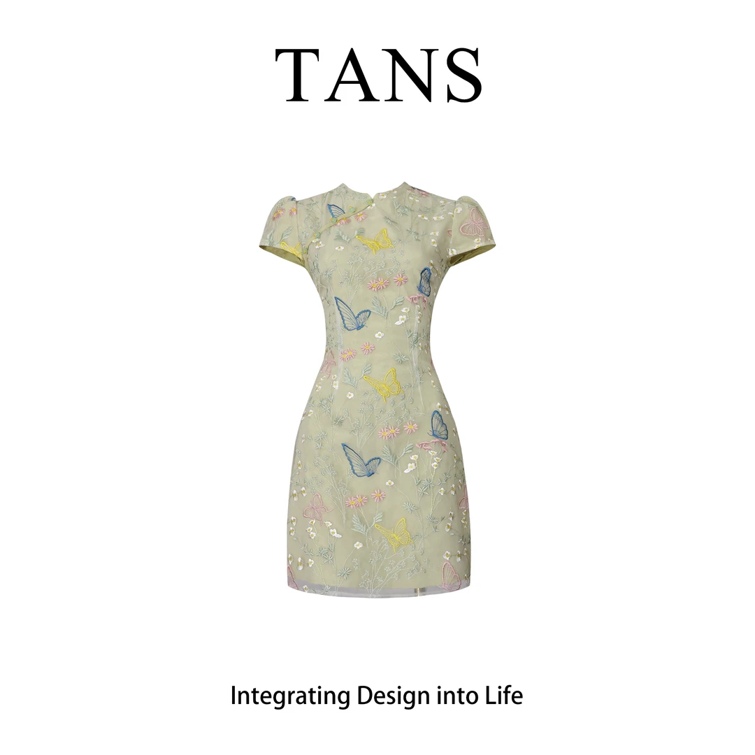 现货 TANS【夏季新品】新中式古法旗袍蝴蝶连衣裙复古气质短款