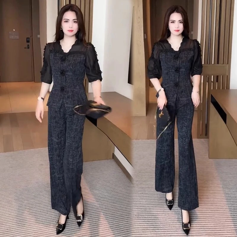 时尚套装女2025夏季新款时髦洋气减龄短袖上衣阔腿裤气质两件套潮