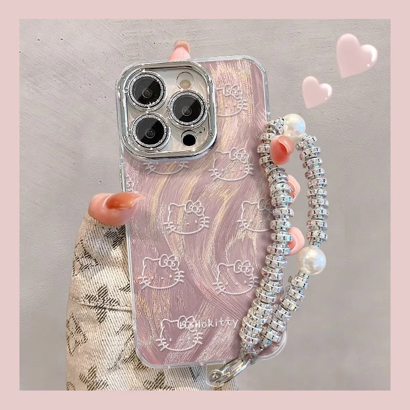 适用苹果15羽纱镜头膜手机壳iphone14线条猫咪手链13pro全包防摔X