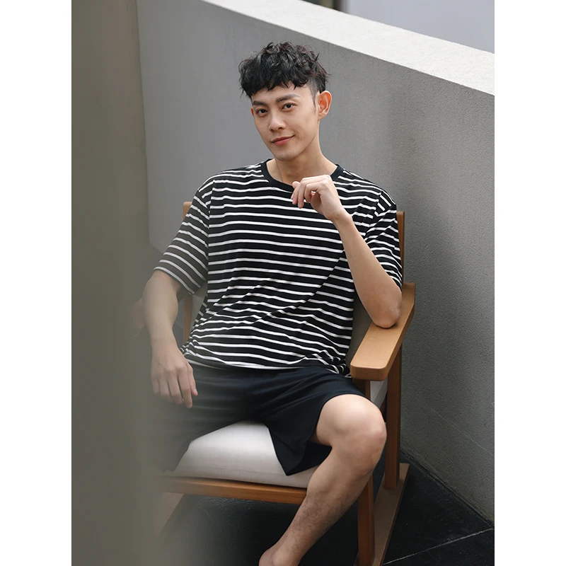 【美家臣】莫代尔男士睡衣夏季新款条纹短袖套头大码宽松简约家居服