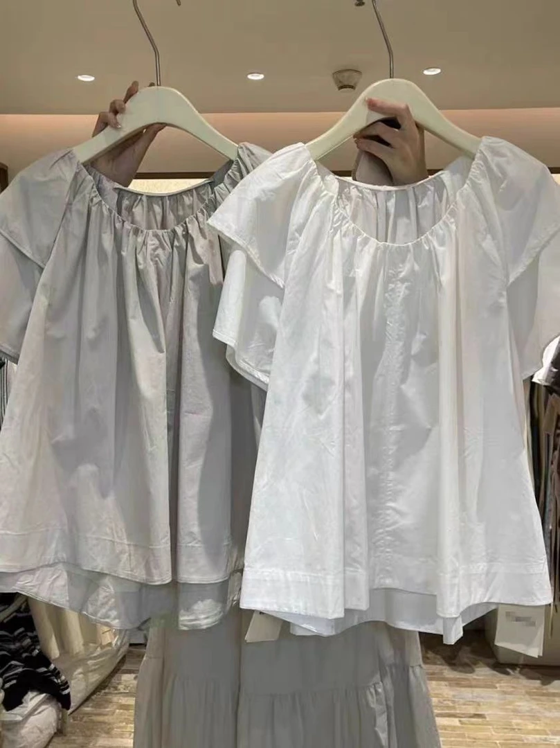 褶皱短袖夏季气质圆领衬衫纯色减龄荷叶边小衫娃娃衫