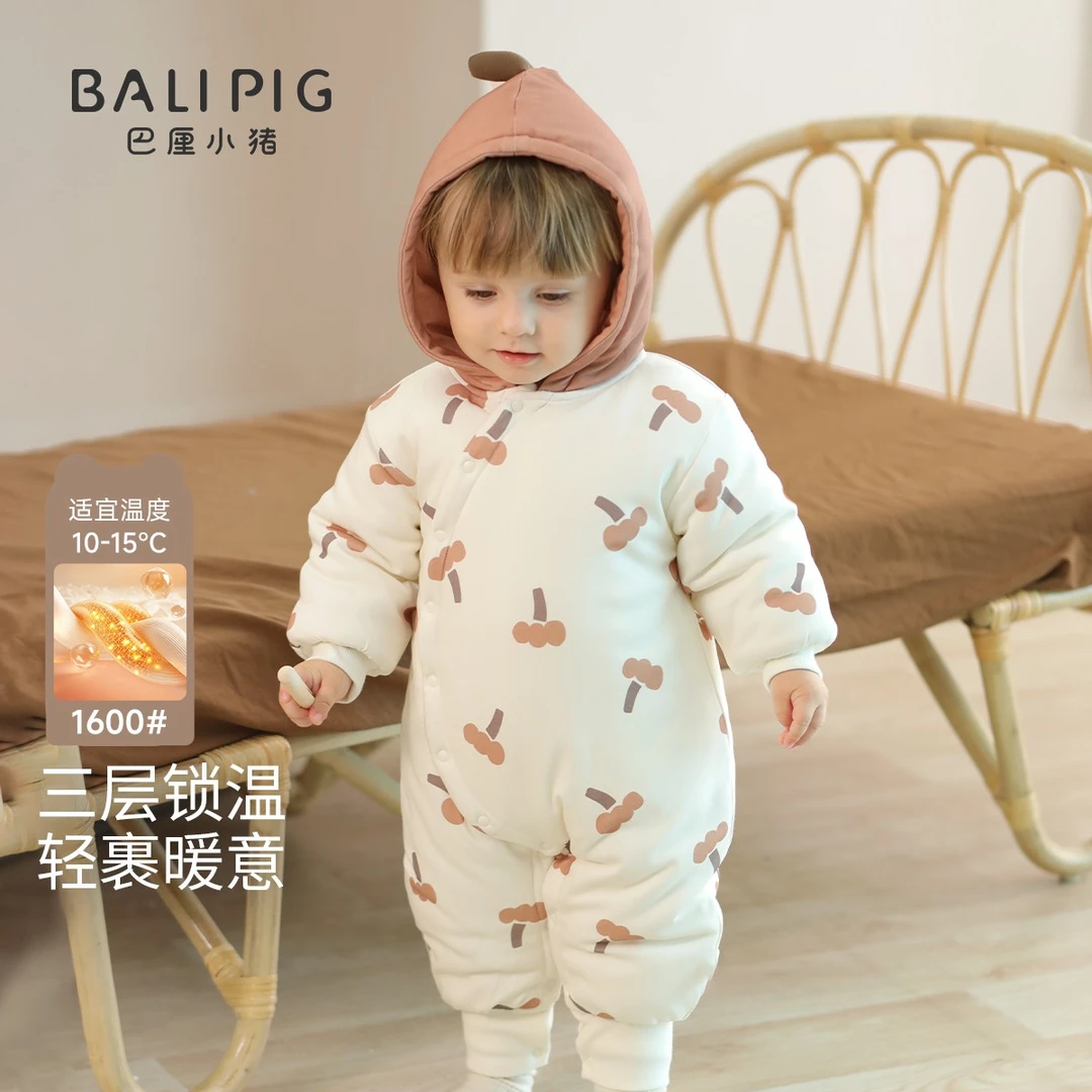 宝宝连体棉衣冬季加厚保暖连帽棉服新生儿棉袄小月龄婴儿外出衣服
