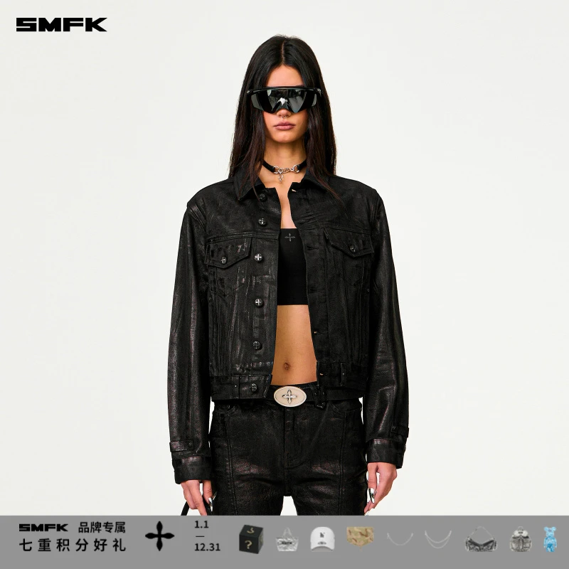 SMFK野马闪电牛仔夹克 UG043BP 黑色涂蜡时尚休闲短款翻领外套