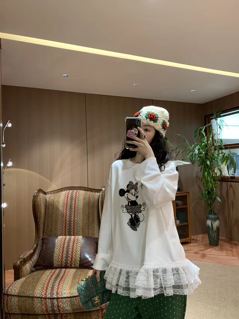 In a Chou 香榭丽舍 豹纹米奇拼接蕾丝花边上衣