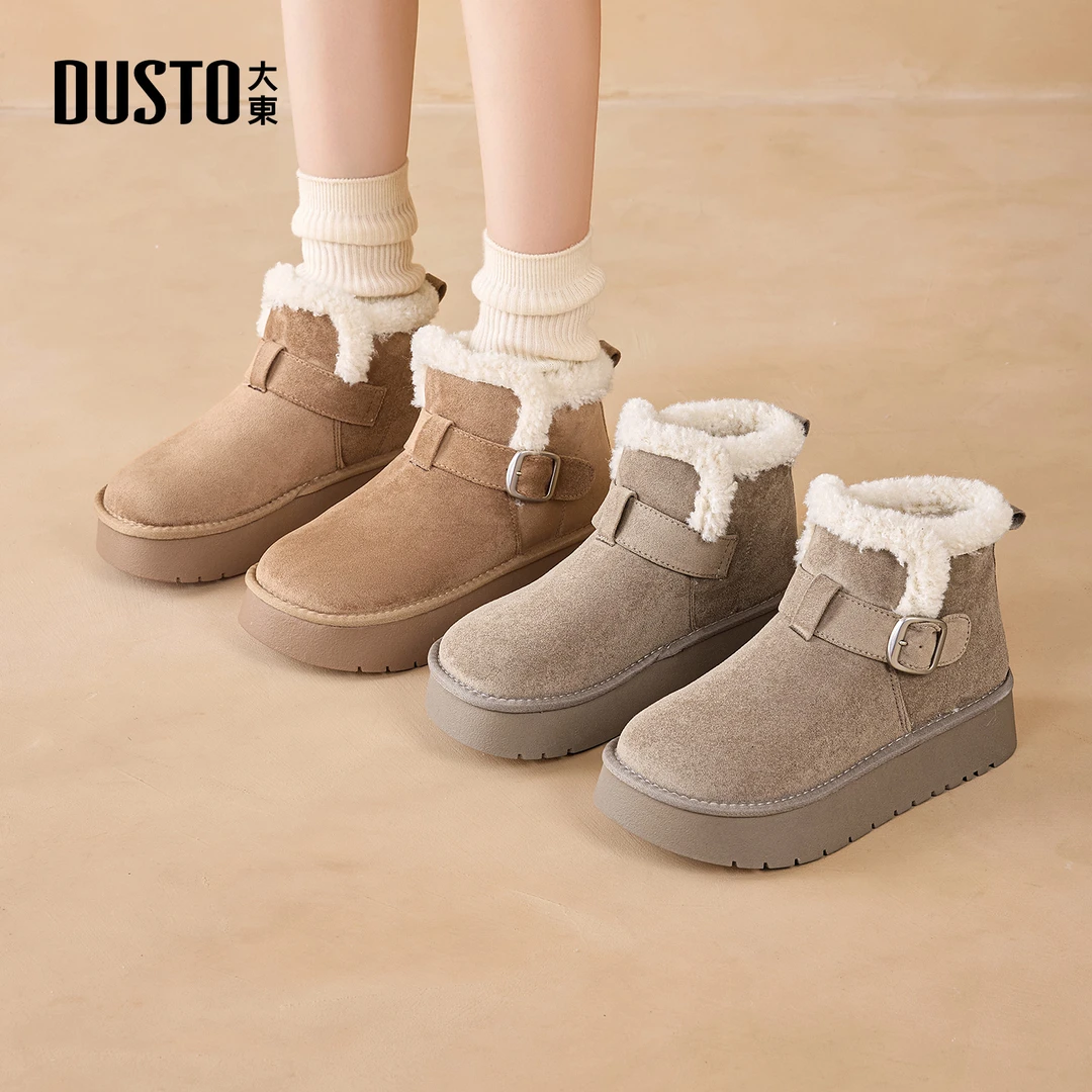 大东女鞋勃肯雪地靴2025秋冬新款加绒保暖皮带扣厚底雪地靴0142