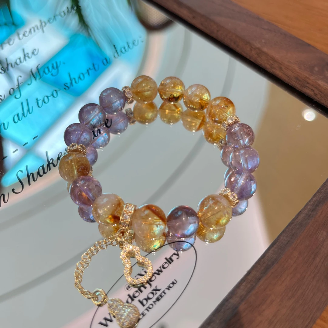 【‌鎏金幻梦】10mm黄水晶+10mm紫水晶 原创设计天然水晶手串女 A363
